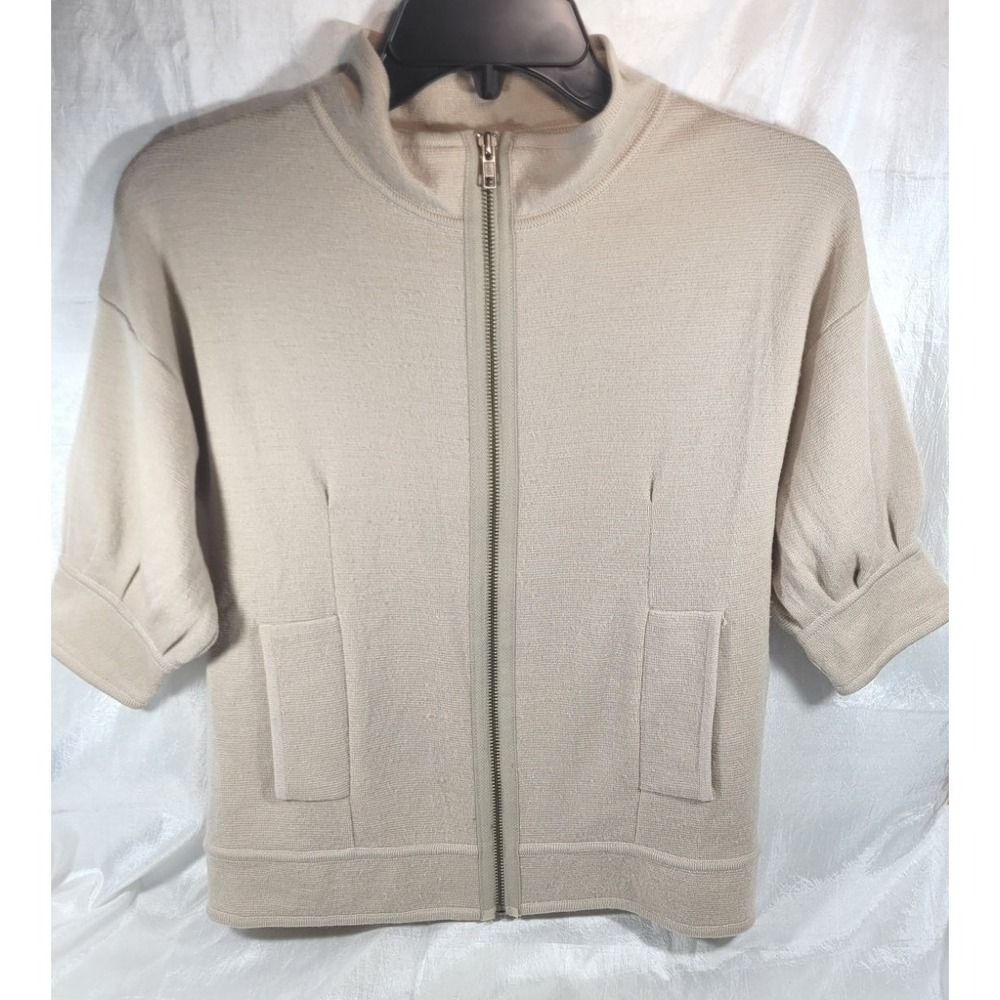 BCBGMaxazria 100% Merino Wool Zip-up 3/4 Sleeve Mock Neck Sweater - Tan - XS